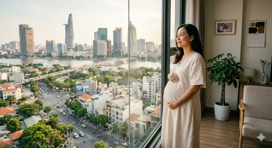 Bà bầu thư thái ôm bụng đứng cạnh cửa sổ, ngắm nhìn khung cảnh thành phố Hồ Chí Minh với sông và các tòa nhà chọc trời.