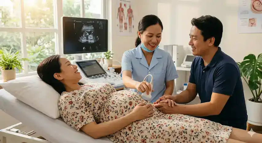 Phụ nữ mang thai và chồng cô ấy mỉm cười khi siêu âm thai với bác sĩ.