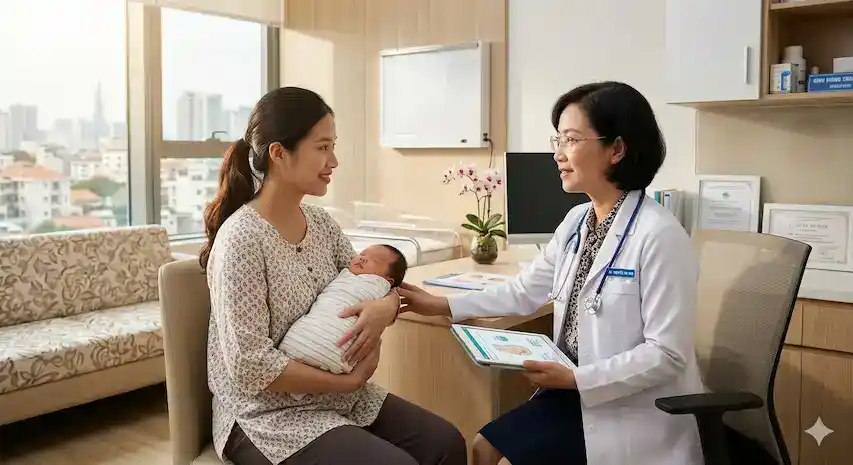 Chuyên gia tư vấn Dai-ichi Life Việt Nam hỗ trợ khách hàng chăm sóc trẻ sơ sinh.