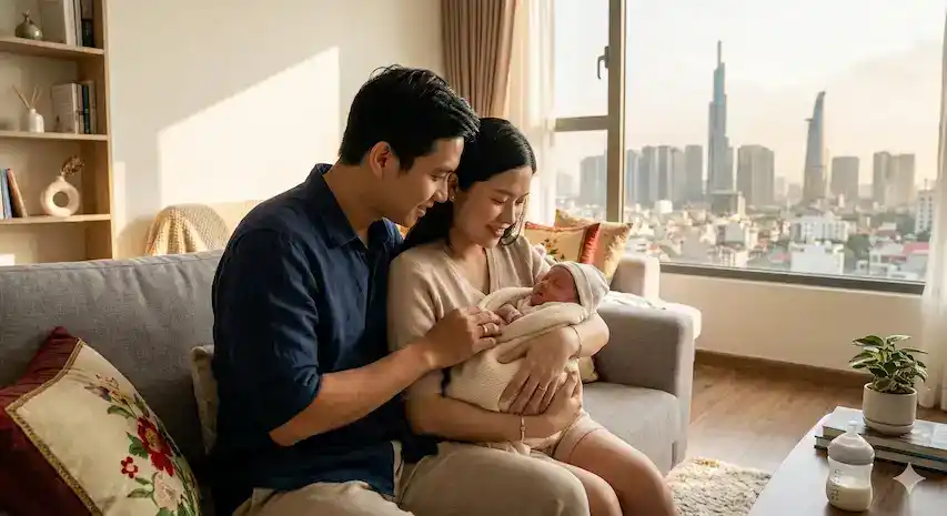 Vợ chồng trẻ hạnh phúc bế em bé sơ sinh trong căn hộ ấm cúng với khung cảnh thành phố hiện đại.