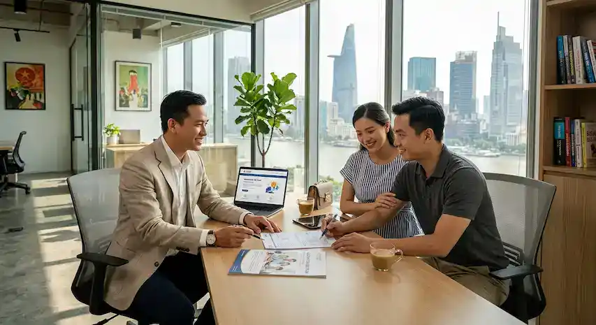 Đôi vợ chồng đang nghe tư vấn bảo hiểm thai sản