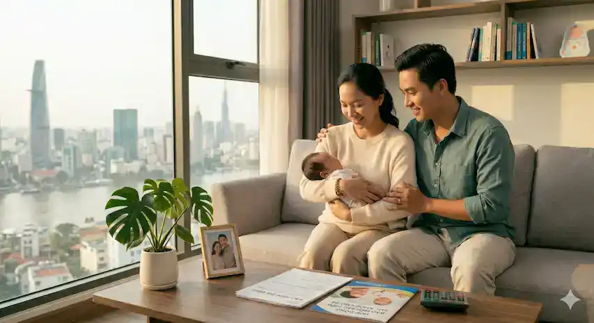 Gia đình trẻ hạnh phúc có em bé sơ sinh trong căn hộ với tầm nhìn thành phố, trên bàn có tài liệu bảo hiểm cho bé.