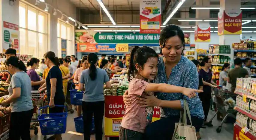 Mẹ và bé gái Việt Nam vui vẻ mua sắm tại siêu thị đông đúc, bé gái chỉ tay thích thú.