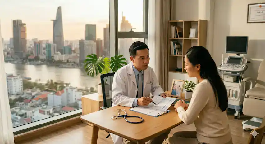 Bác sĩ tư vấn cho bệnh nhân nữ tại phòng khám hiện đại với tầm nhìn thành phố.