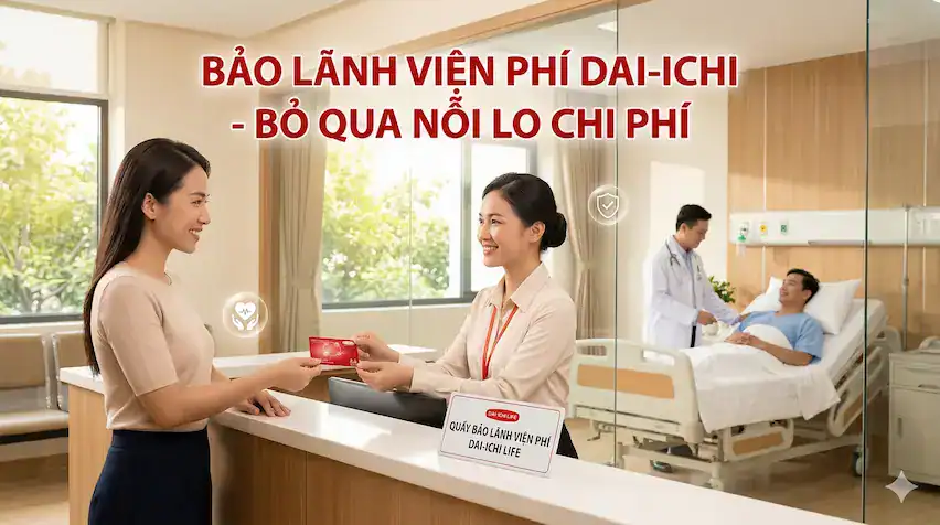 Khách hàng trao thẻ bảo lãnh viện phí Dai-ichi Life cho nhân viên tại quầy, trong khung cảnh bệnh viện có bác sĩ thăm khám bệnh nhân, thể hiện sự an tâm về chi phí y tế.