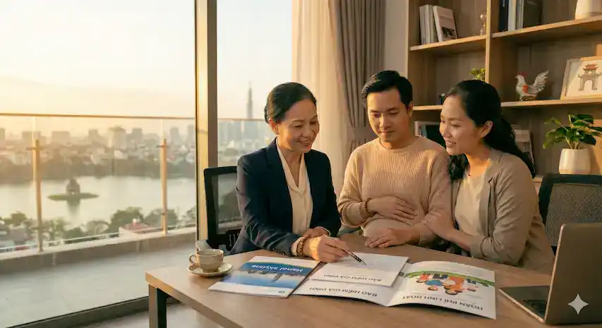 Chuyên viên tư vấn bảo hiểm giải thích hợp đồng bảo hiểm gia đình cho cặp đôi tại văn phòng nhìn ra Hồ Gươm, Hà Nội.