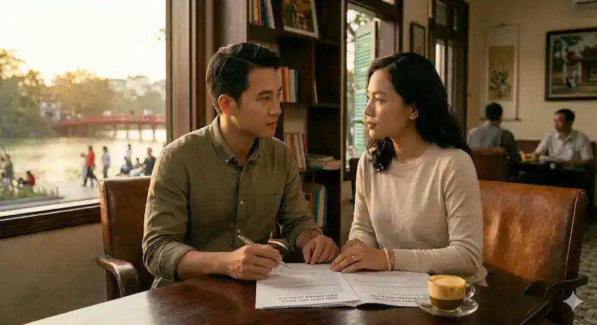 Cặp đôi trò chuyện bên tài liệu trong quán cà phê nhìn ra Hồ Gươm và Cầu Thê Húc.