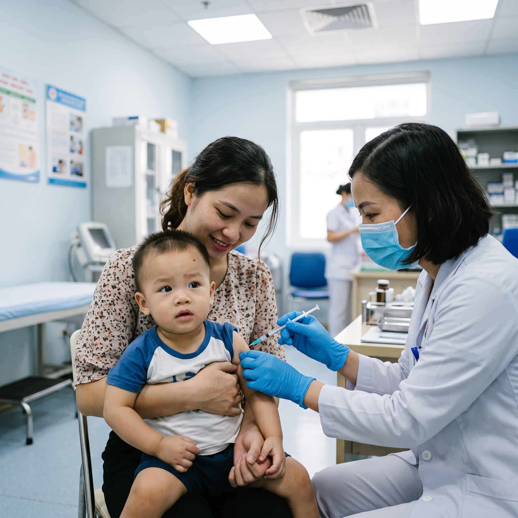 Mẹ ân cần ôm bé trai, y tá tiêm vắc xin cho bé tại phòng khám.
