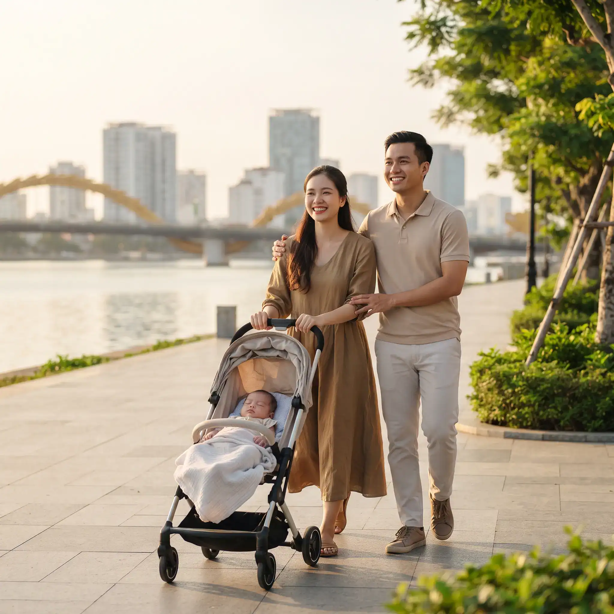 Gia đình trẻ hạnh phúc đẩy xe đẩy em bé đi dạo ven sông, phía sau là cầu Rồng Đà Nẵng và thành phố trong ánh hoàng hôn.
